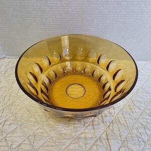 Vtg Indiana Kings Thumbprint Amber Glass Large Serving Salad Bowl